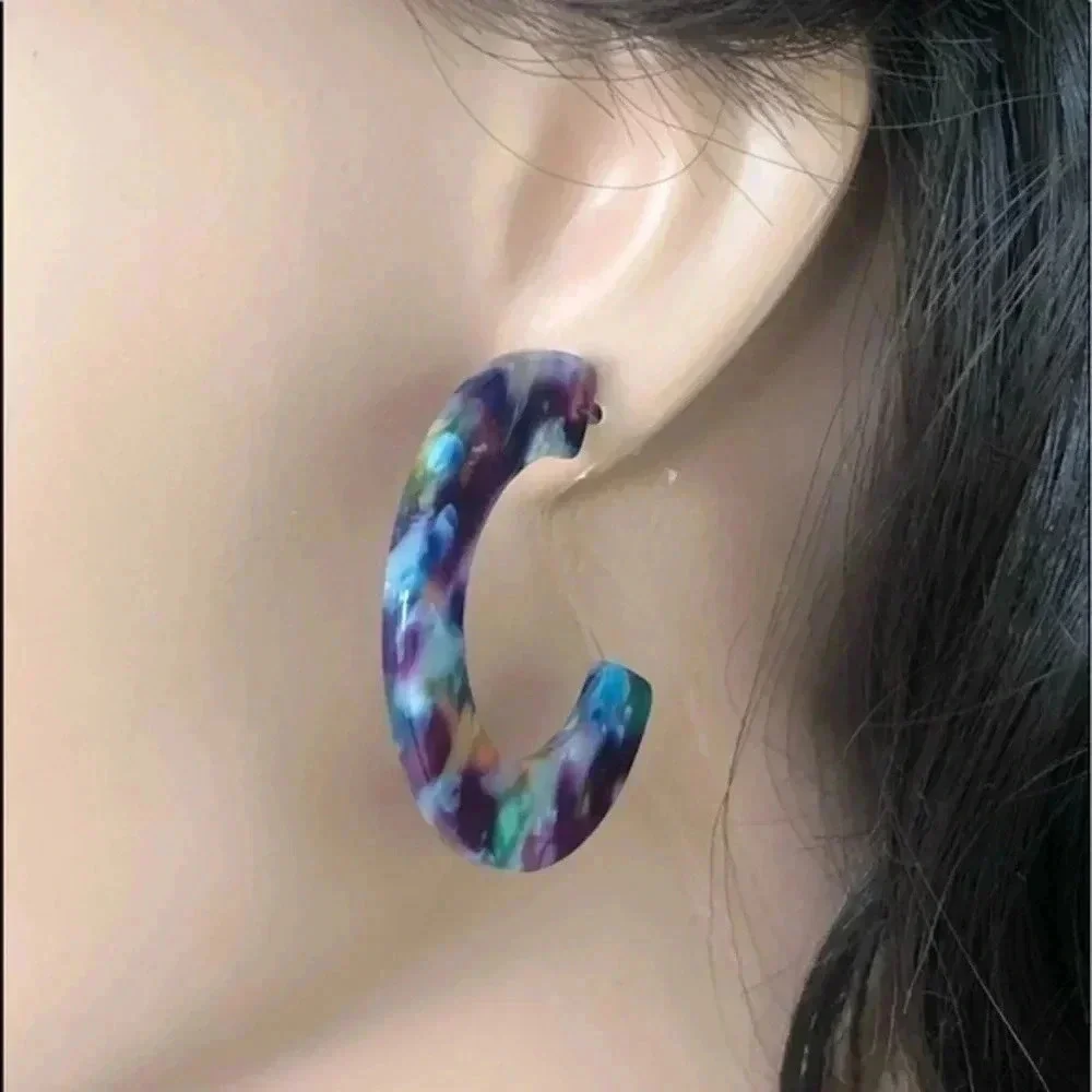 Purple Green Gold & Cream Semi Hoop Acrylic Stainless Steel Earrings NWT